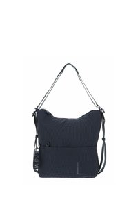 Marine tas gemaakt van textiel met structuur, heeft een gebogen vorm, een verstelbare schouderband en een voorvak met knoopsluiting.