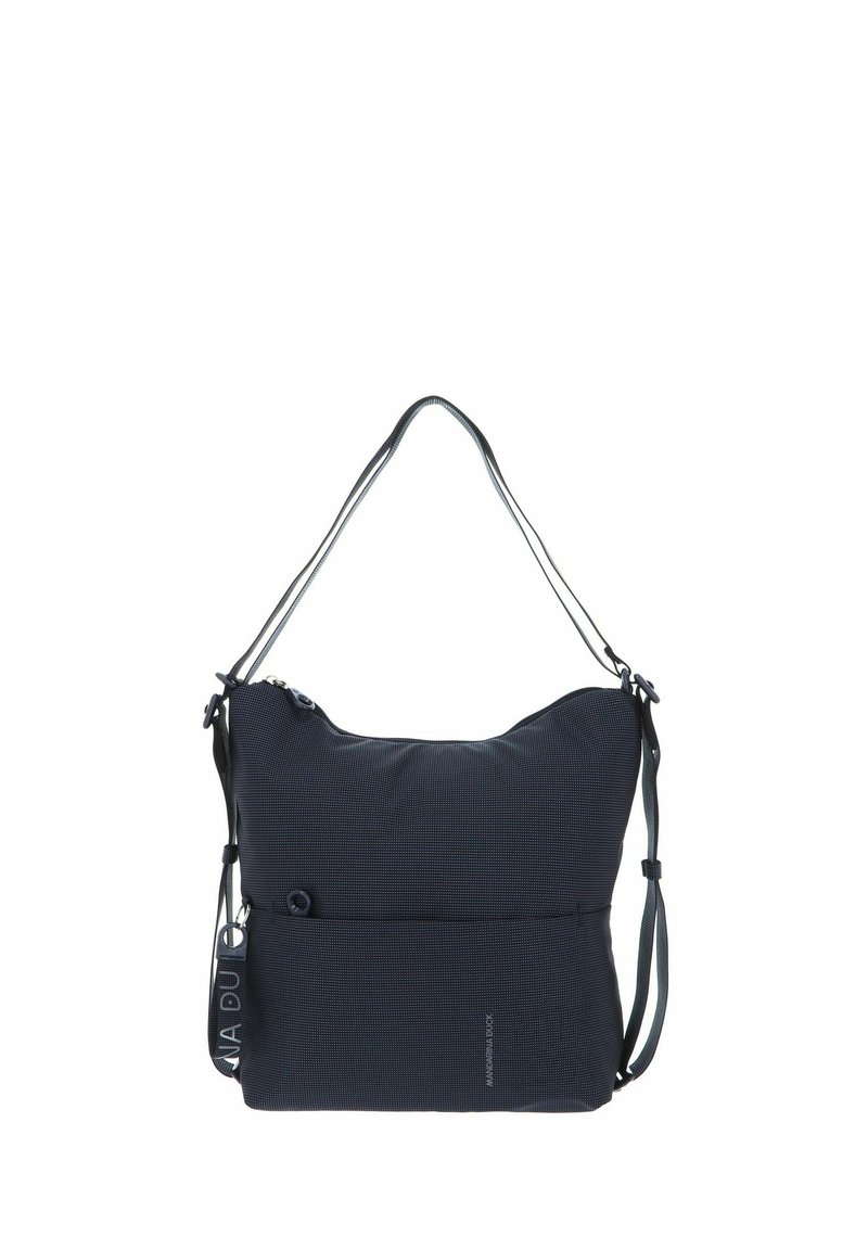 Marine tas gemaakt van textiel met structuur, heeft een gebogen vorm, een verstelbare schouderband en een voorvak met knoopsluiting.