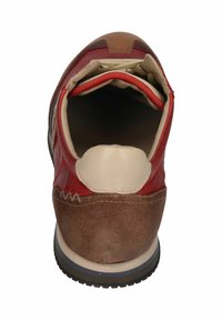 Red and brown sneaker featuring a mixed material design with leather and suede, round toe, lace-up front, and a rubber sole.