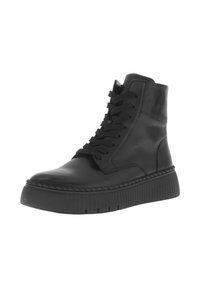 Bottes de cheville en cuir noir, à bout rond, avec un laçage à l'avant et une semelle plateforme épaisse et texturée. Fini lisse avec des coutures minimales.