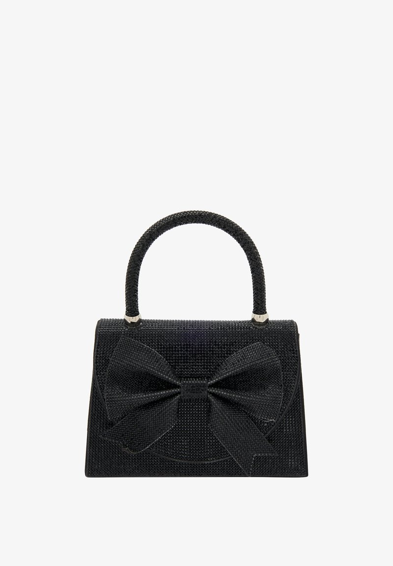 Sort håndtaske dækket af små rhinsten med en tekstureret sløjfe på fronten og et afrundet håndtag dækket af rhinsten.