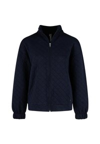 Gequilted marineblauwe jas, met een hoge kraag, een ritssluiting aan de voorkant en elastische manchetten. Gemaakt van een zachte stof met een gestructureerd diamantpatroon.