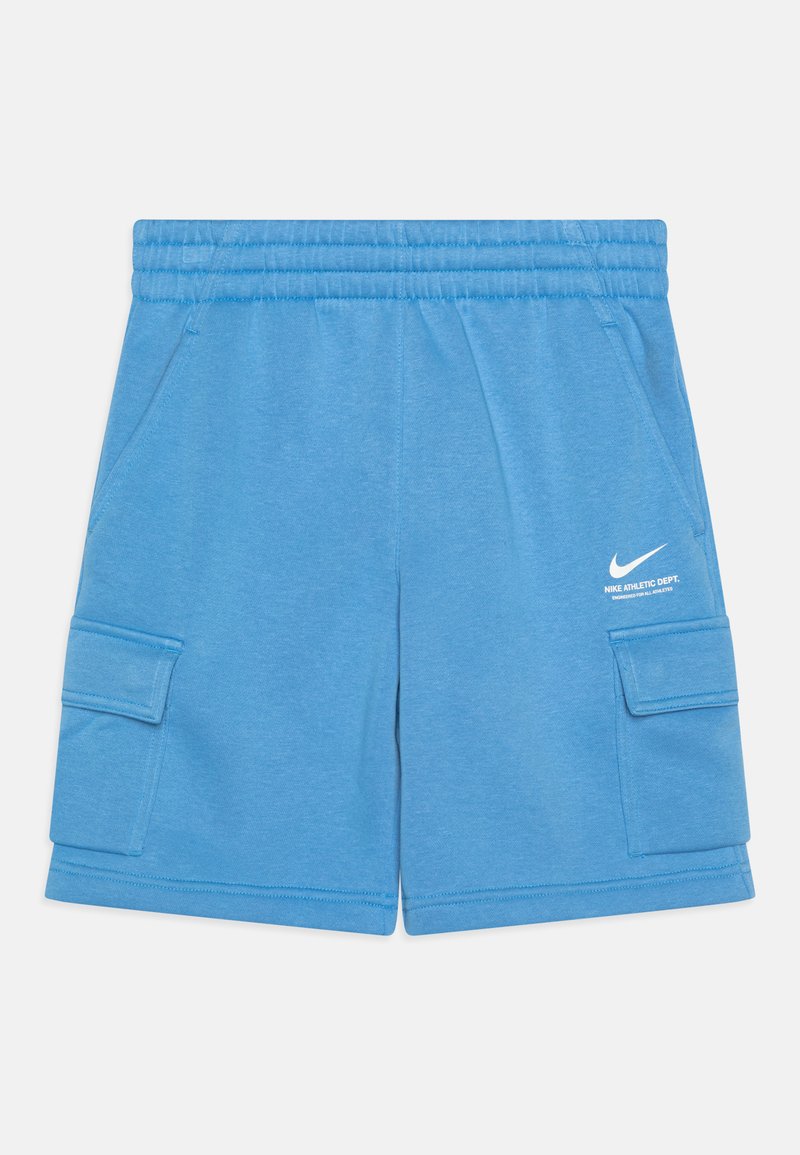 Bermudas desportivas azuis feitas de tecido suave, com um cós elástico, bolsos laterais e um bolso de carga na perna esquerda. Logótipo da Nike impresso.