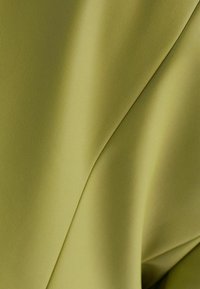Světlá olivově zelená látka s hladkým povrchem, s jemným drapováním a měkkými sklady. Žádné viditelné vzory či kovové detaily.