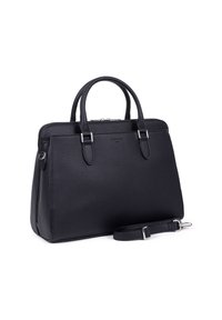 Sac à main en cuir noir avec une texture granite, de forme rectangulaire, deux poignées supérieures, et une bandoulière amovible. Accents en métal argenté.