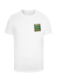 White cotton t-shirt featuring a square, colorful graphic patch with the text "Ciao" in a decorative border on the left chest area.