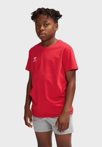 Rød bomuld T-shirt med rund hals og korte ærmer, med et lille hvidt logo på brystet. Bæres med grå shorts.
