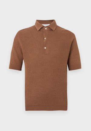 Brown ribbed polo shirt with short sleeves, two buttons at the collar, and a soft texture. Simple design without additional patterns or accents.