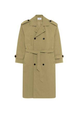 Płaszcz trencz w oliwkowo-zielonym kolorze wykonany z gładkiej tkaniny, dwurzędowy fason, pagony na ramionach, czarne guziki oraz pas w tym samym kolorze.