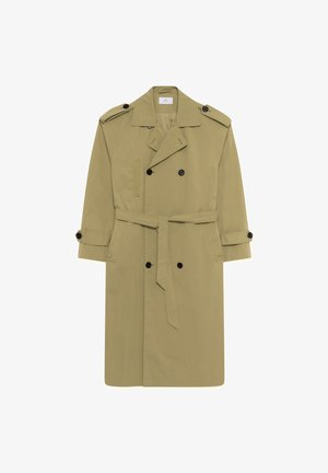 Oliivroheline trentšmantel siledast kangast, kahekordse nööpimiskujundusega, õlakad, mustad nupud ja sobiva vöökohaga vöö.