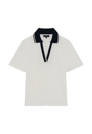 Chemise polo blanche à manches courtes, avec un col et une patte de boutonnage marine ornés de rayures blanches. Tissu lisse, design classique et coupe décontractée.