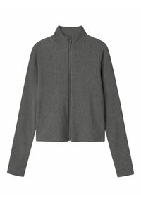 Veste grise ajustée en tissu texturé avec un col haut et une fermeture éclair à l'avant. Elle a des manches longues et une coupe courte.