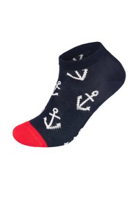 Marineblauer Knöchelsocken mit weißen Anker-Mustern, rotem Zehenbereich und geripptem Bündchen. Aus weichem Stoff gefertigt, ideal für legere Bekleidung.