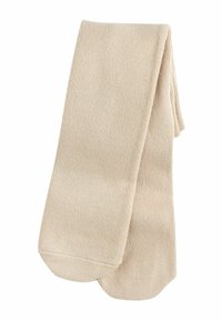 Beige ribbed tights with a soft texture, featuring a smooth finish and rounded toe design, ideal for layering or everyday wear.