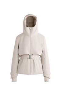 Bež vodootporna jakna s kapuljačom; ima remen oko struka, dva bočna džepa te podesive manžete; glatke teksture i suvremenog dizajna.