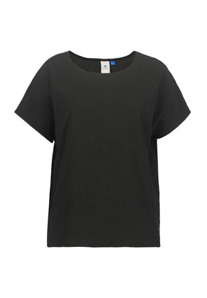 Schwarze kurzärmelige Bluse mit rundem Ausschnitt, lockerem Sitz und strukturiertem Stoff, auf weißem Hintergrund dargestellt.