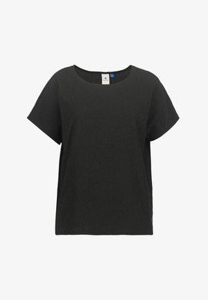 Czarna bluzka z krótkim rękawem o okrągłym dekolcie, luźnym kroju i fakturowanej tkaninie, przedstawiona na białym tle.