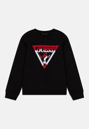 Felpa nera a maniche lunghe con scollo rotondo e logo triangolare Guess nei colori rosso, bianco e nero, con un punto interrogativo al centro.