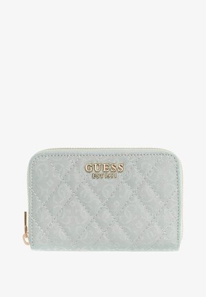 Portafoglio azzurro chiaro realizzato in materiale sintetico trapuntato, con logo dorato, chiusura con zip e motivo in rilievo sottile.