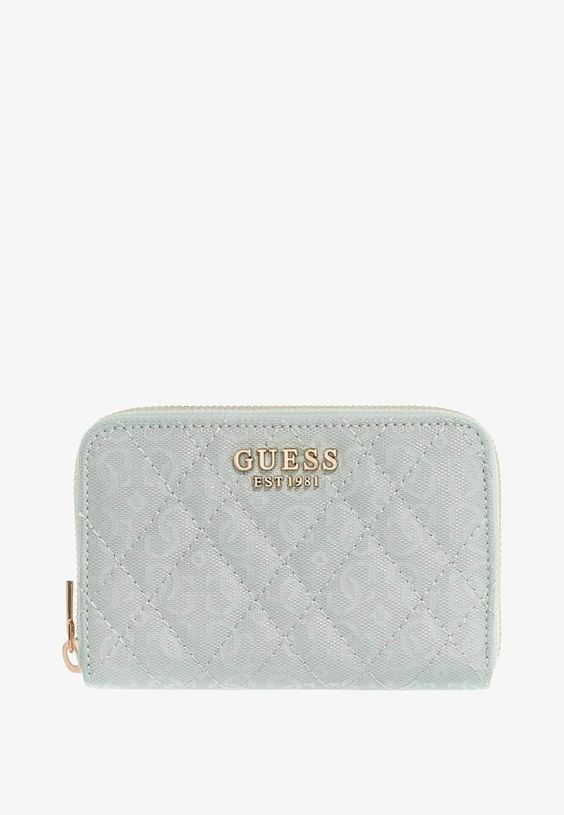 Svetlomodrá peňaženka vyrobená z prešívaného syntetického materiálu, zdobená zlatým logom, so zipsovým uzáverom a jemným vyrazeným vzorom.