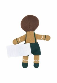 Zachte textielpop met een bruin rond hoofd, een bruin lichaam, groene korte broek en witte golvende accenten. Label bevestigd aan de achterkant, geen gezichtskenmerken zichtbaar.