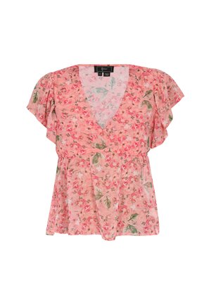 Floral wrap blouse in lichtroze met gerimpelde mouwen, featuring groene en rode bloemenpatronen, zachte stof en een diepe v-hals.