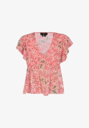 Kerge roosa lillemusteriga pluus, millel on volangkäised, roheline ja punane lillemuster, pehme kangas ja sügav V-kaelus.