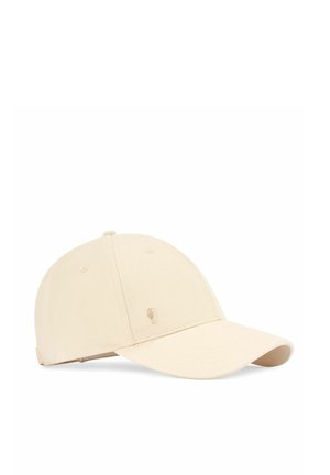 Beżowa bawełniana czapka bejsbolowa z sześcioma panelami, otworami wentylacyjnymi, zakrzywionym daszkiem i regulowanym paskiem z tyłu.
