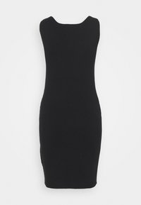 Sleeveless black knee-length fitted dress with a round neckline and a ribbed knit texture on a white background.