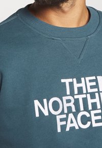 Sweatshirt en coton teal avec un col ras du cou côtelé, affichant un grand logo blanc brodé avec l'inscription "THE NORTH FACE". Détail de tissu texturé visible.