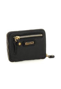 Portafoglio in pelle nera con zip dorata e placca con logo, piccola tasca con zip anteriore e un tirante sulla zip principale.