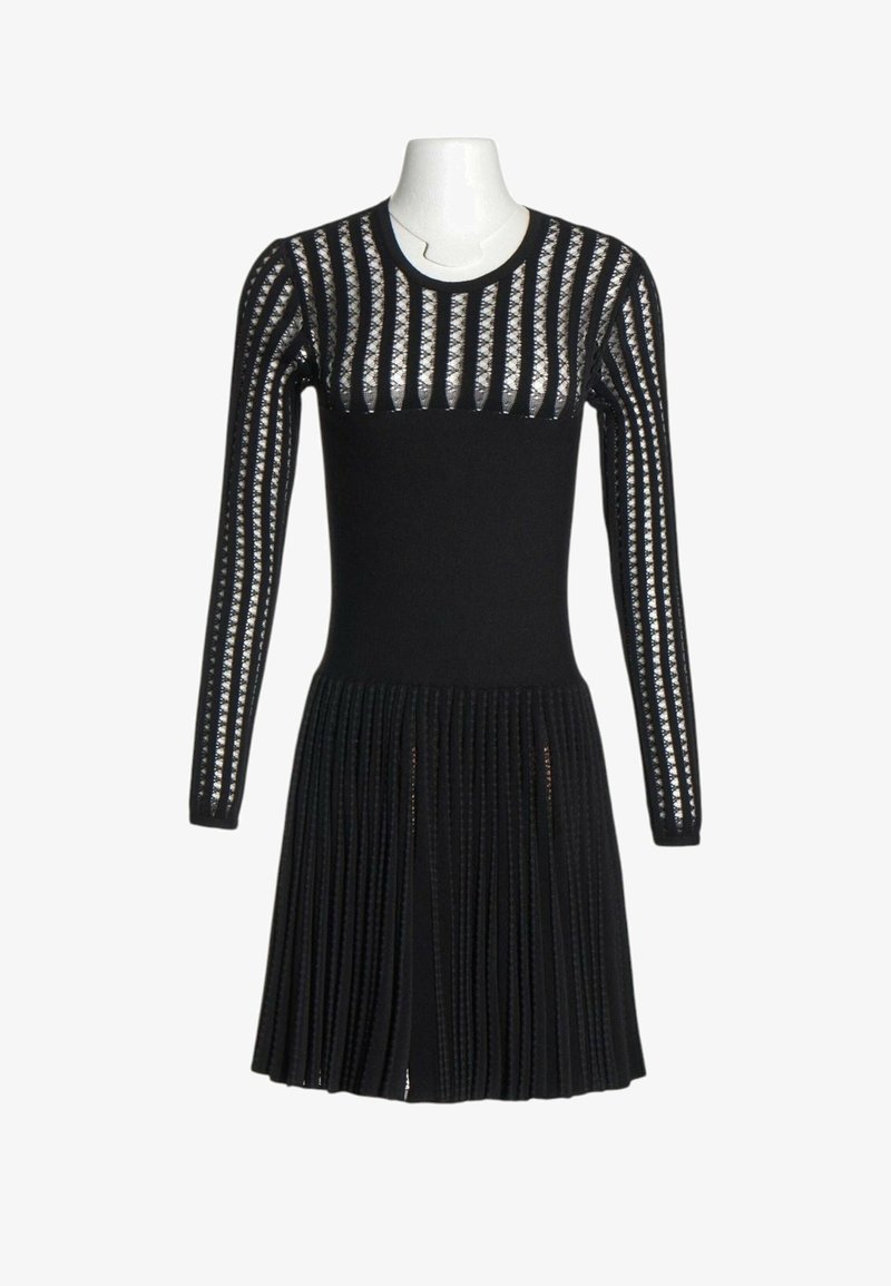 Robe noire à manches longues avec motif à rayures verticales transparentes sur les manches et le haut de la poitrine, taille cintrée et jupe plissée sur un mannequin blanc.