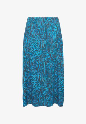 Spódnica w niebiesko-czarny wzór w panterkę, z elastycznym pasem, o długości do kolan i gładkiej, zwiewnej teksturze materiału.