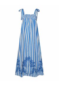 Maxi kjole i blå og hvide lodrette striber, med smocket bodice, bundet stropper og blå broderede blomsterdetaljer ved kanten.