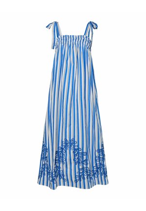 Maxikjole i blå og hvite vertikale striper, med smocket liv, knytede stropper, og blå broderte blomsterdetaljer ved kanten.