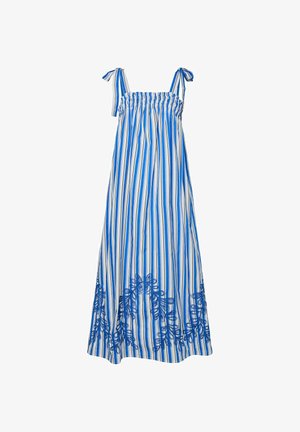 Maxikjole i blå og hvite vertikale striper, med smocket liv, knytede stropper, og blå broderte blomsterdetaljer ved kanten.