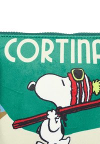 Cuscino con un personaggio di cane dei cartoni animati che tiene un bastone da sci, su uno sfondo verde con il testo "CORTINA" in lettere bianche in maiuscolo.