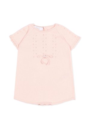 Barboteuse bébé rose pâle à manches courtes, avec un motif en maille ajourée sur le devant, un nœud décoratif orné de perles, et des boutons-pression au bas.
