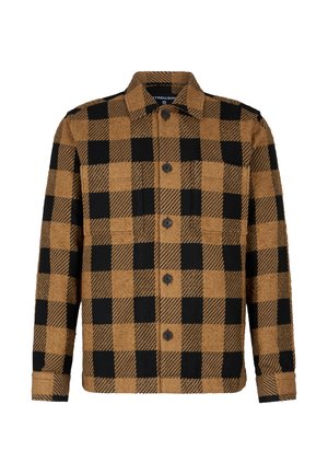 Camicia a quadri con motivo scozzese in marrone e nero, realizzata in tessuto testurizzato, con chiusura a bottoni frontale e due tasche sul petto.