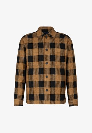 Karierter Karohemd in Braun und Schwarz, aus strukturiertem Stoff, mit einer Knopfleiste und zwei Brusttaschen.