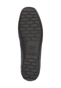 Semelle en caoutchouc noire avec un motif de semelle texturé, présentant des rainures et des crêtes pour une meilleure adhérence. Nom du fabricant visible sur la semelle.