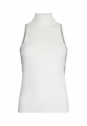 Top bianco senza maniche con collo alto, caratterizzato da accentuazioni in catena metallica ai lati. Tessuto liscio con una silhouette aderente.