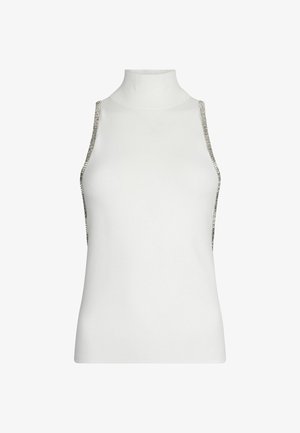 Top bianco senza maniche con collo alto, caratterizzato da accentuazioni in catena metallica ai lati. Tessuto liscio con una silhouette aderente.