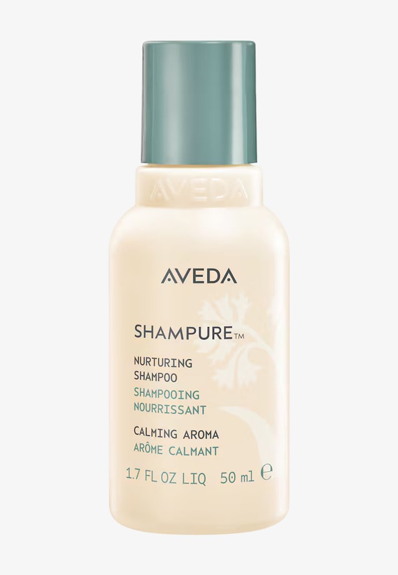 Aveda Shampure nährendes Shampoo-Fläschchen, 50 ml, mit beruhigendem Aroma, beiger Behälter und grüner Deckel, floral gestaltetes Etikett.