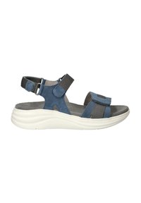 Blauwe suède sandaal met grijze elastische bandjes, verstelbare gespen en een witte gevoerde zool, met een zachte, textuur voetenbed.