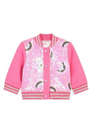 Veste bomber rose avec un devant pailleté présentant des motifs arc-en-ciel, col et poignets côtelés, fermeture à boutons, tissu doux.