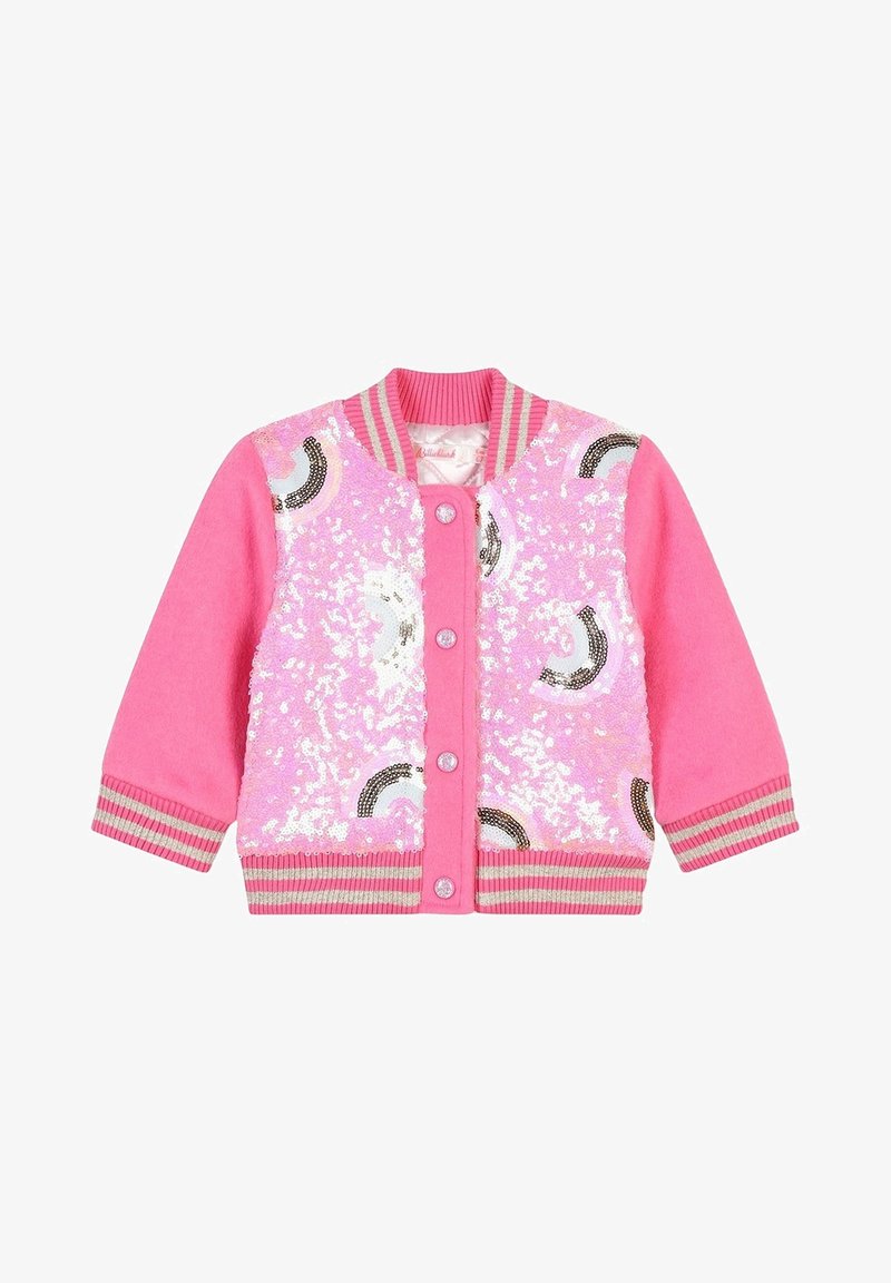 Giacca bomber rosa con fronte decorato di paillettes che presenta motivi arcobaleno, colletto e polsini a costine, chiusura con bottoni, tessuto morbido.