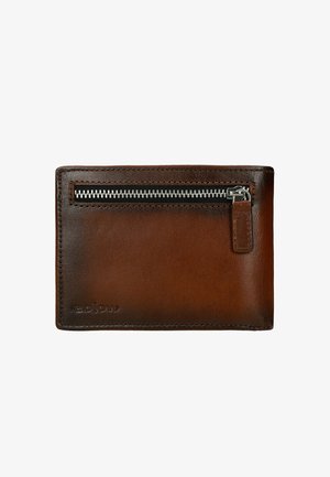 Brązowy skórzany portfel z kieszenią na zamek, gładką fakturą, prostokątnym kształtem, subtelnym przeszyciem i tłoczonym logo na jednej stronie.