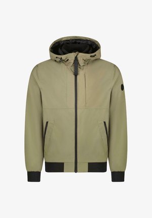 Olijfgroen ritsjack met een capuchon, zwarte voering en zakken; heeft elastische manchetten en een zoom, met een zwart logo-opdruk op de linkermouw.