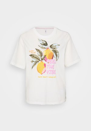 Valge puuvillane T-särk lühikeste varrukatega, millel on graafiline trükk sidrunitest ja lehtedest, koos tekstiga "FEEL THE VIBE" roosa ja kollase värviga.